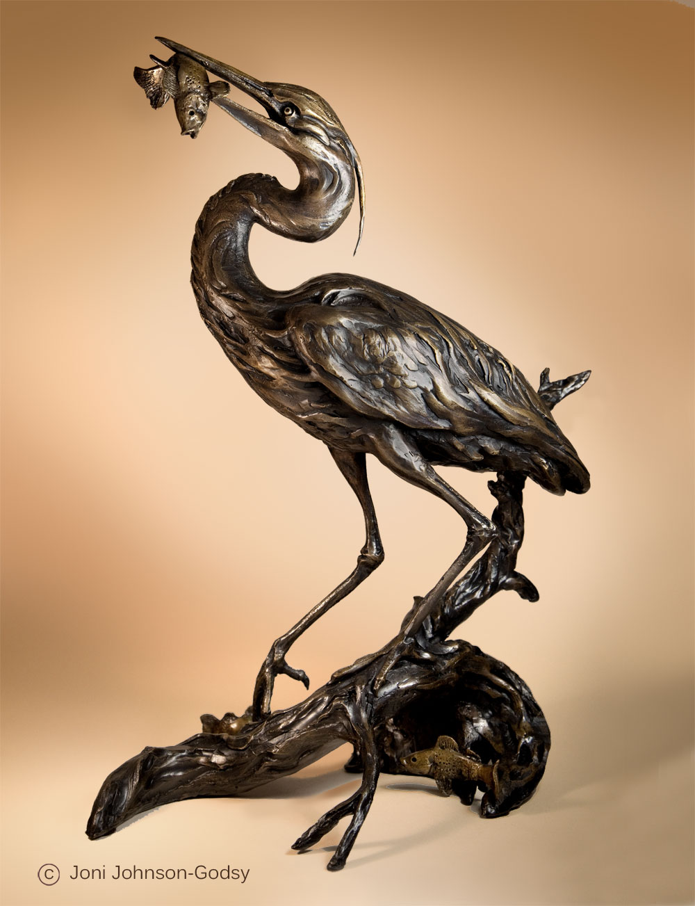 Art Bronze Sculpture Heron with Fish